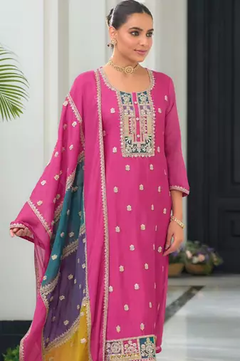 Pink embroidered chiffon pakistani suit