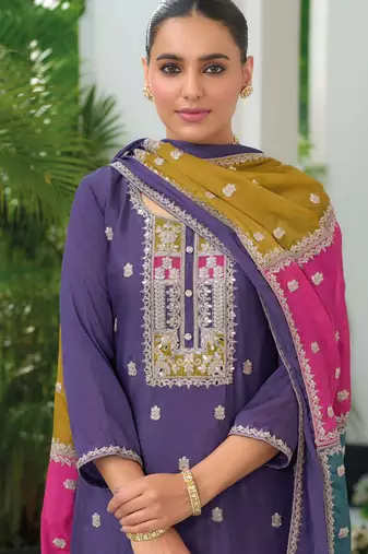 Purple embroidered chiffon pakistani suit
