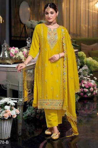 Yellow embroidered chiffon festive salwar suits
