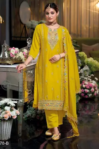 Yellow embroidered chiffon festive salwar suits