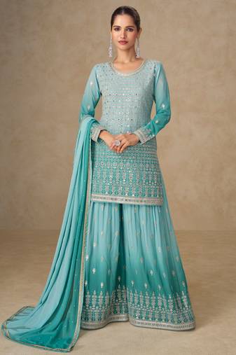 Blue embroidered georgette sharara