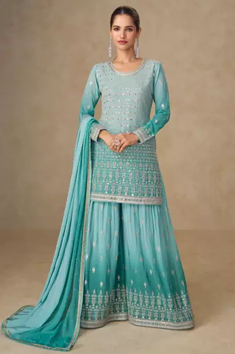 Blue embroidered georgette sharara