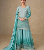 Blue embroidered georgette sharara