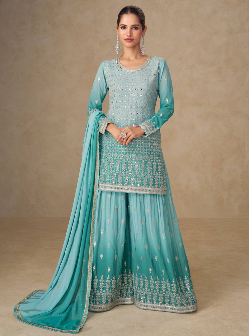Blue embroidered georgette sharara