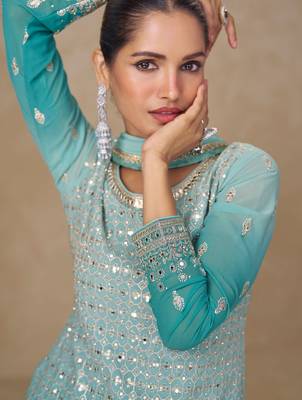 Blue embroidered georgette sharara 2