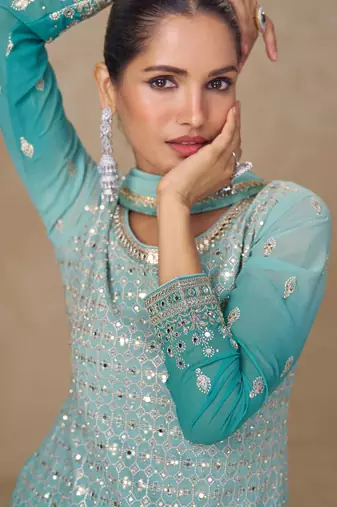 Blue embroidered georgette sharara