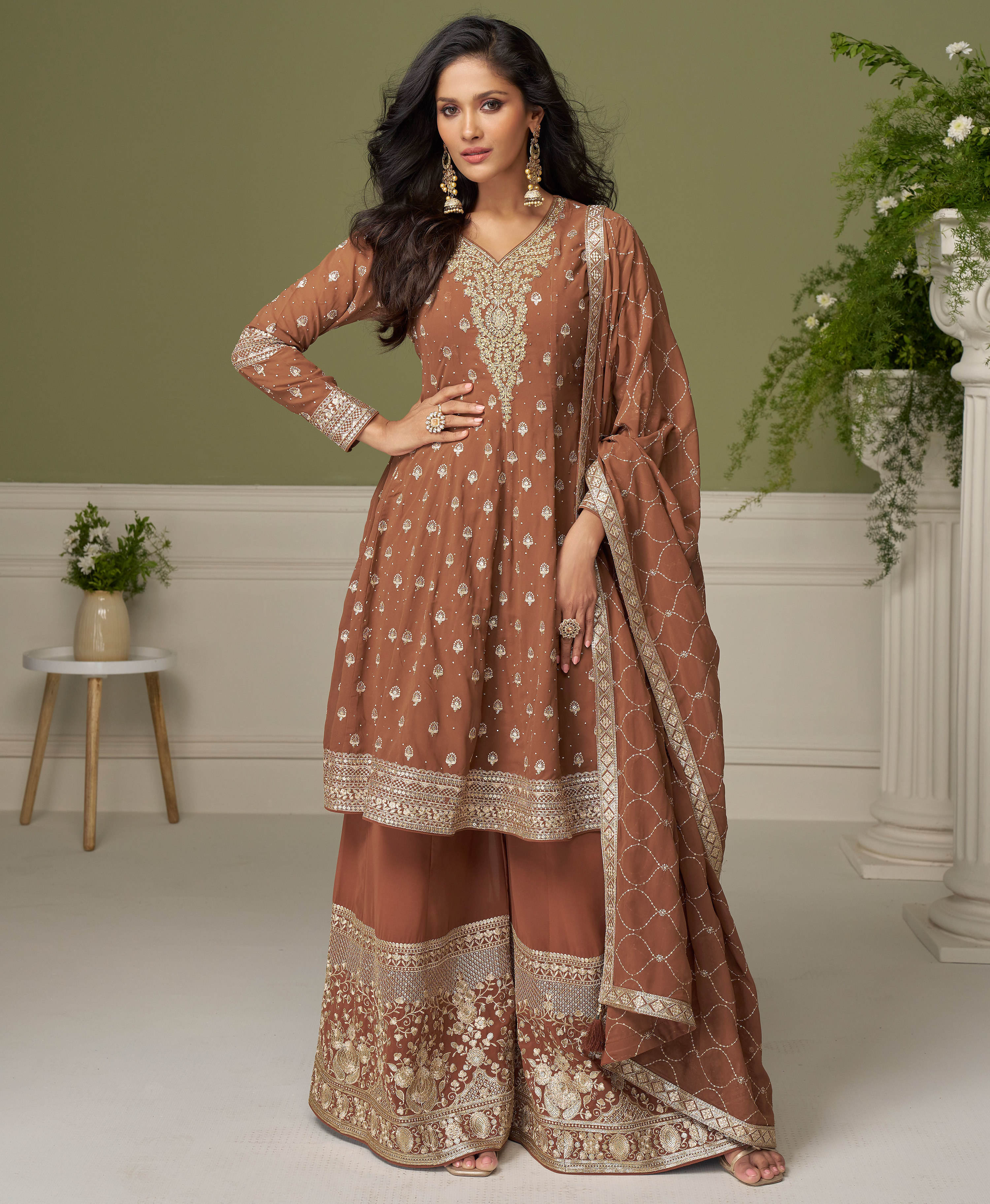 Brown Embroidered Georgette Sharara