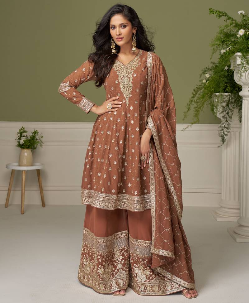 Brown embroidered georgette sharara