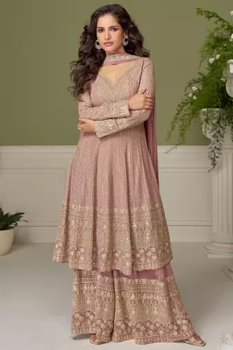 Pink embroidered georgette sharara