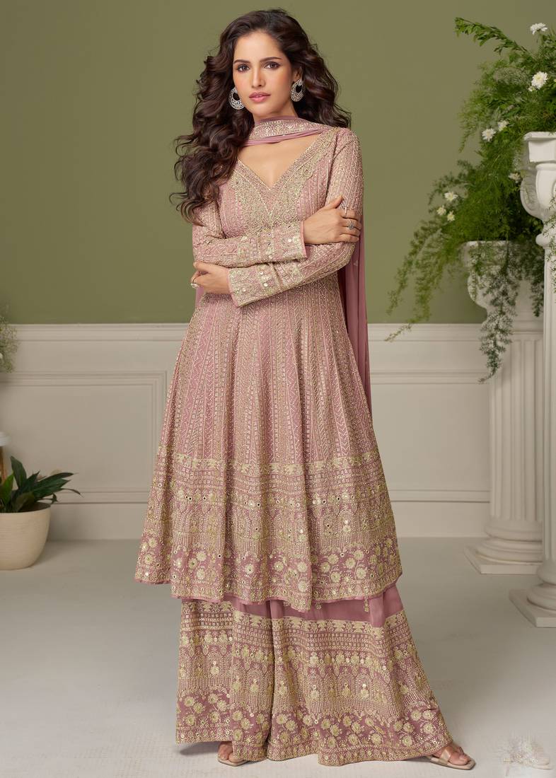 Pink embroidered georgette sharara