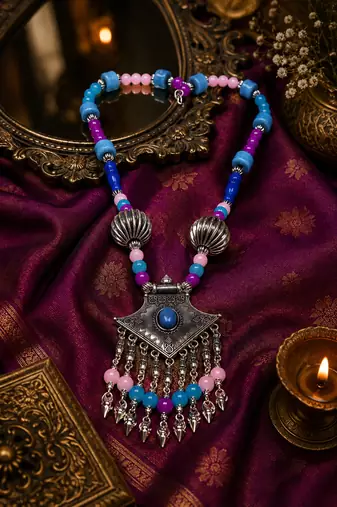 Rustic bloom beaded necklace with silver-tone pendant
