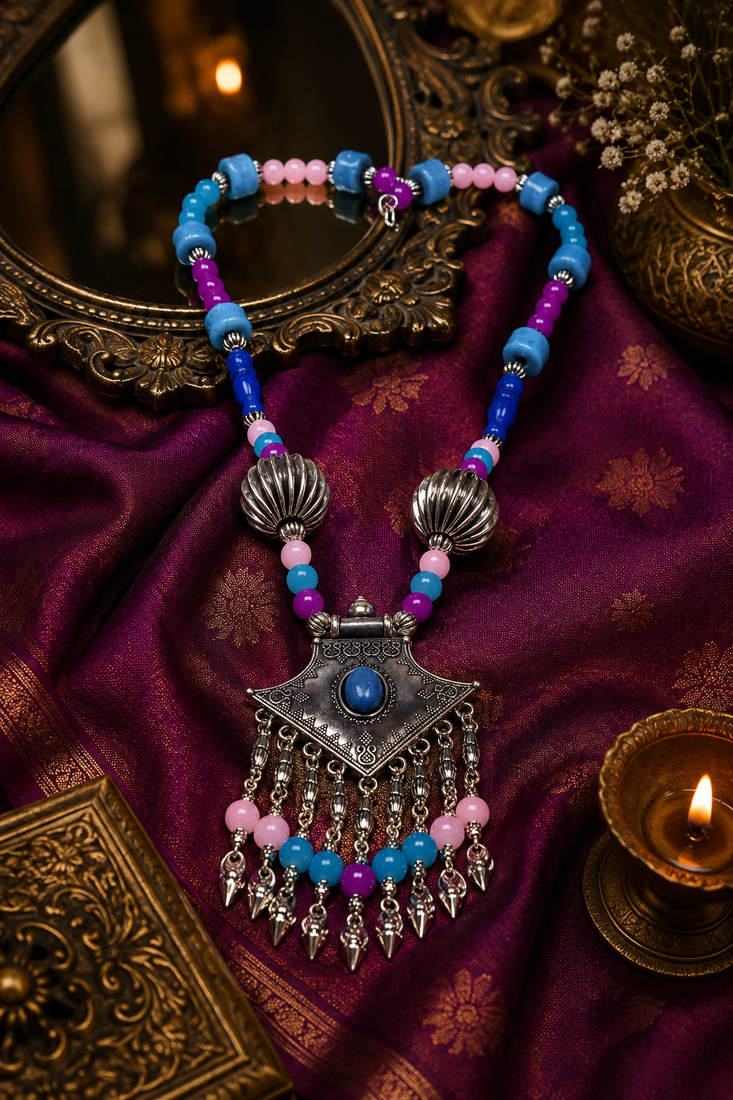 Rustic bloom beaded necklace with silver-tone pendant