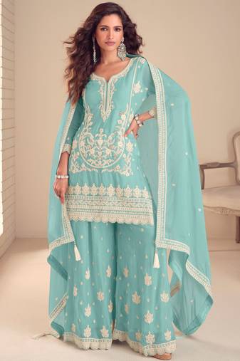 Blue embroidered chiffon sharara