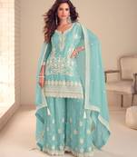 Blue embroidered chiffon sharara