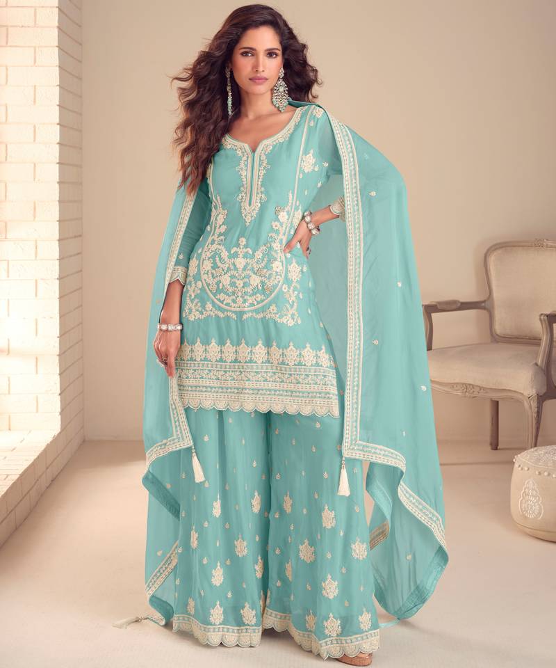Blue embroidered chiffon sharara