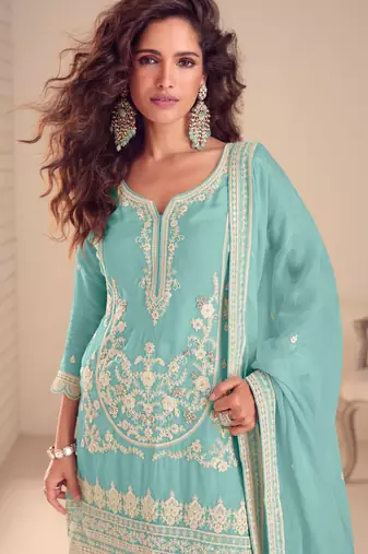 Blue embroidered chiffon sharara