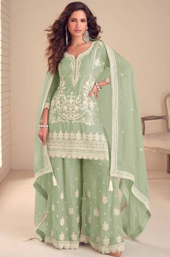 Sea green embroidered chiffon sharara