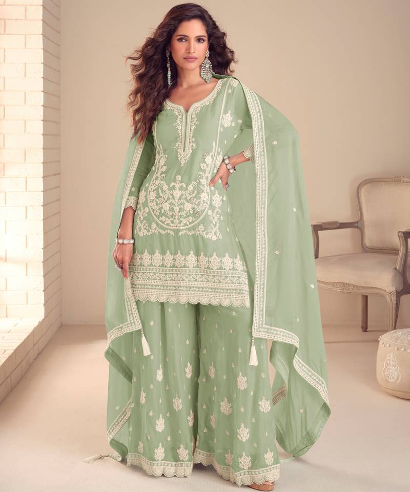 Sea green embroidered chiffon sharara