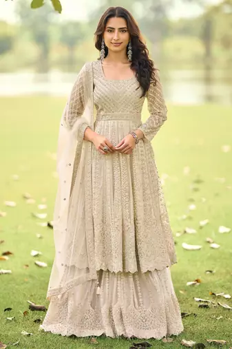 Beige embroidered net festive salwar suits