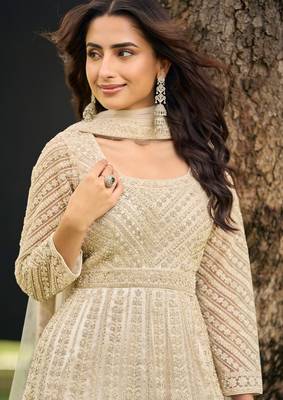 Beige embroidered net festive salwar suits 2