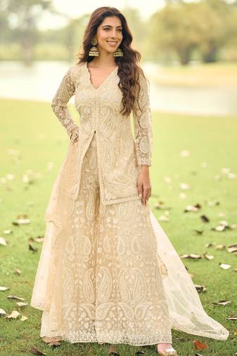 Beige embroidered net festive salwar suits
