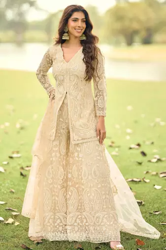 Beige embroidered net festive salwar suits