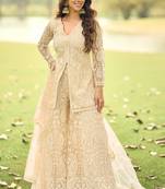 Beige embroidered net festive salwar suits
