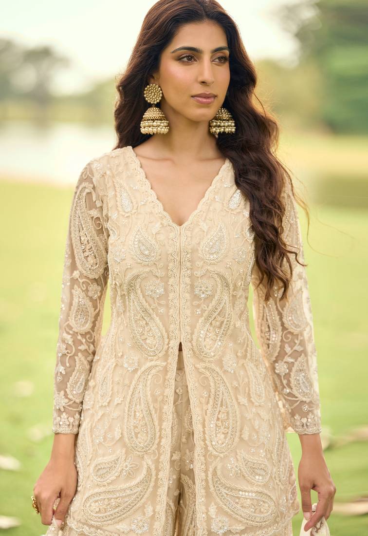 Beige embroidered net festive salwar suits