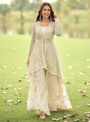 Beige embroidered net festive salwar suits 1