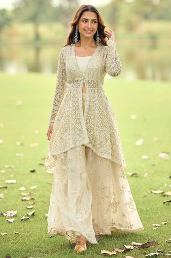 Beige embroidered net festive salwar suits