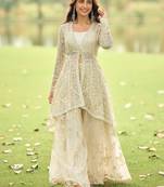 Beige embroidered net festive salwar suits