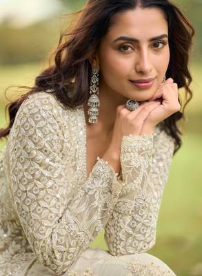 Beige embroidered net festive salwar suits 2