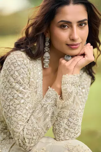 Beige embroidered net festive salwar suits