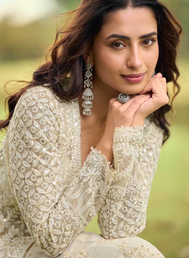 Beige embroidered net festive salwar suits