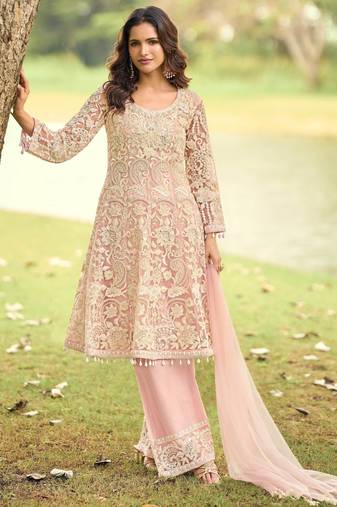Pink embroidered net festive salwar suits