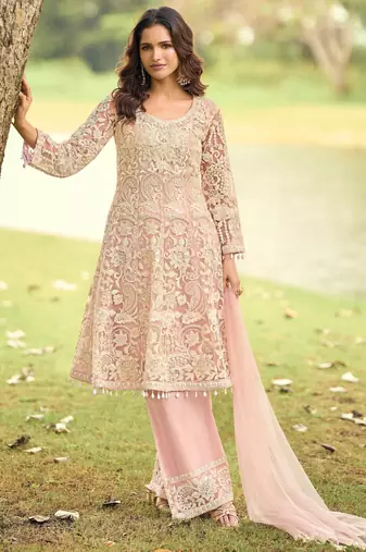 Pink embroidered net festive salwar suits