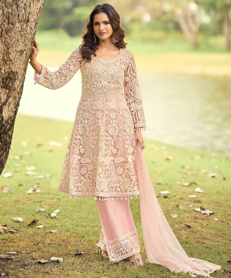 Pink embroidered net festive salwar suits