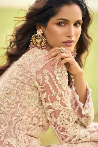Pink embroidered net festive salwar suits