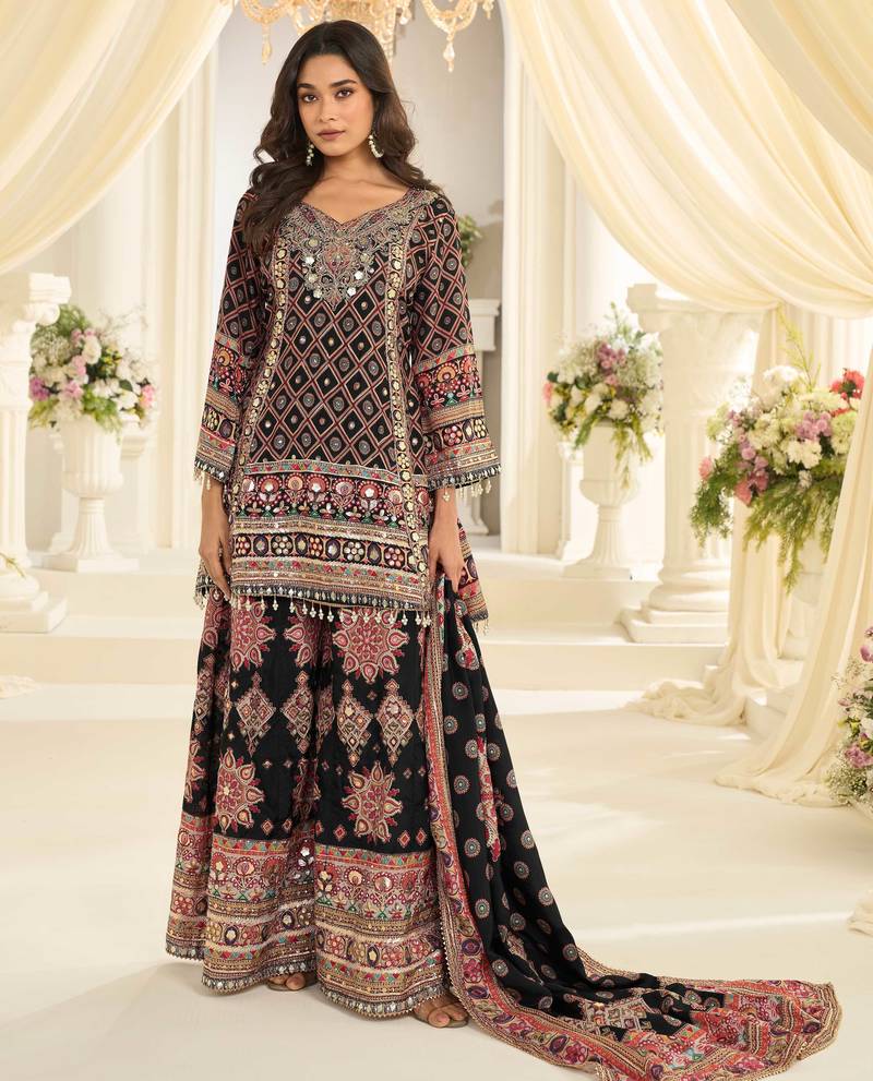 Black embroidered crepe sharara