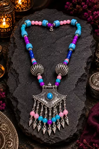 Rustic bloom beaded necklace with silver-tone pendant