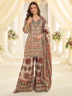 Beige embroidered crepe sharara 1