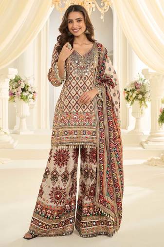 Beige embroidered crepe sharara