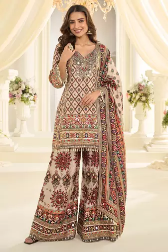 Beige embroidered crepe sharara