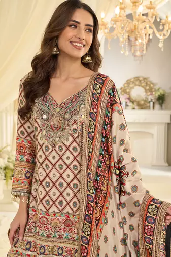Beige embroidered crepe sharara
