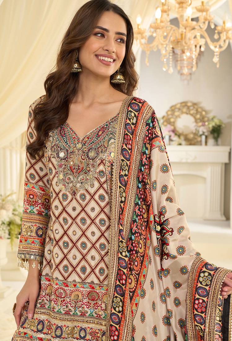 Beige embroidered crepe sharara