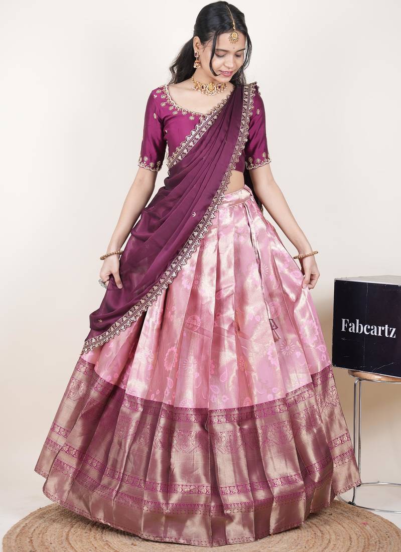 Pink woven art silk lehenga choli