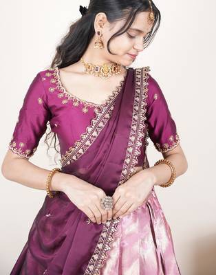 Pink woven art silk lehenga choli 5