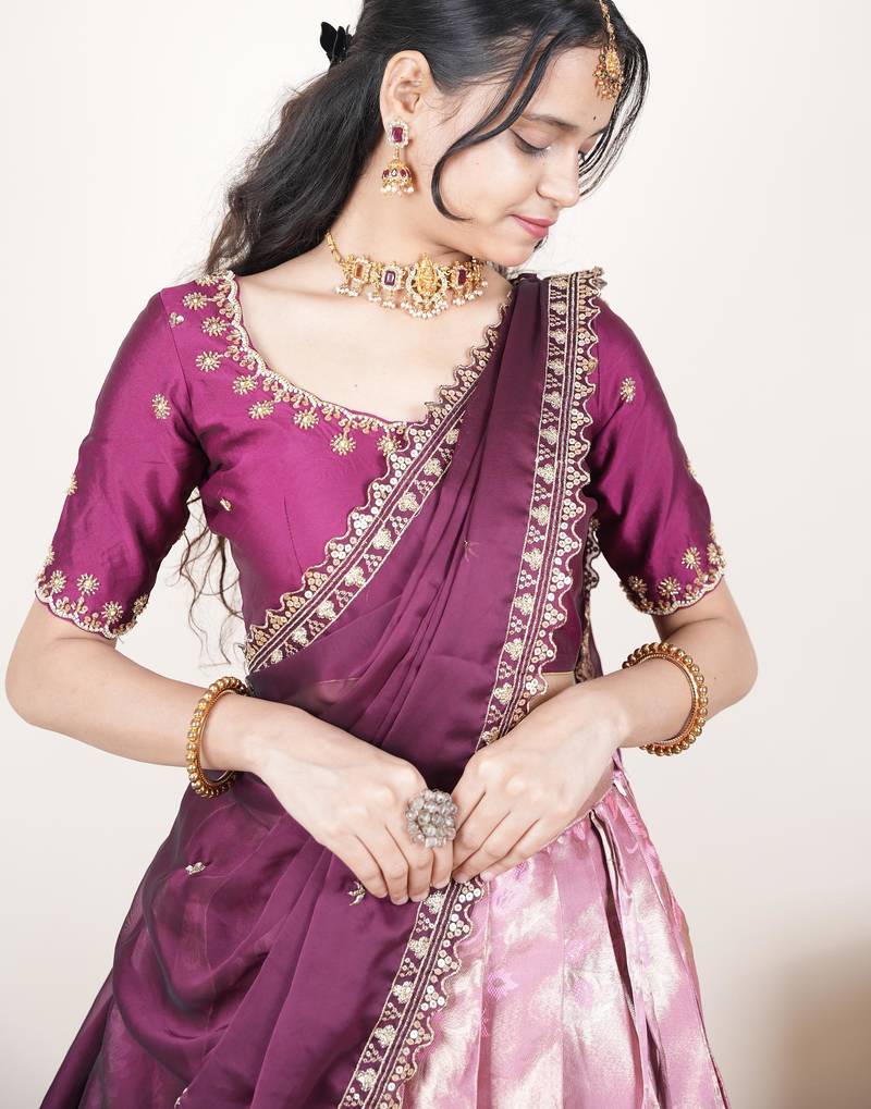 Pink woven art silk lehenga choli