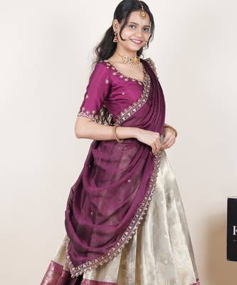 Cream woven art silk lehenga choli 3