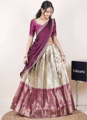 Cream woven art silk lehenga choli 4